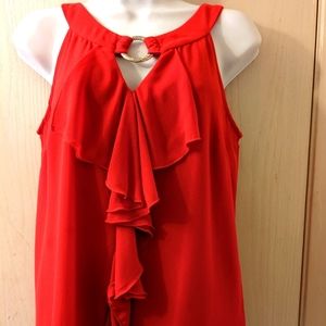 By & By Red semi sheer ruffle tier Sleeveless dressy & decorative neckline  NWOT